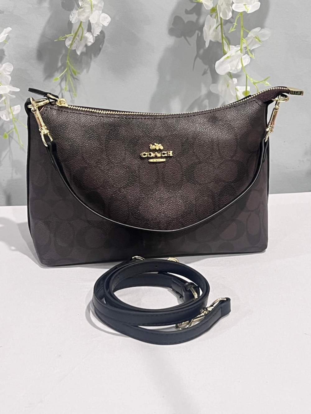 Coach Dark Brown Signature Leather Shoulder Bag with Gold Hardware